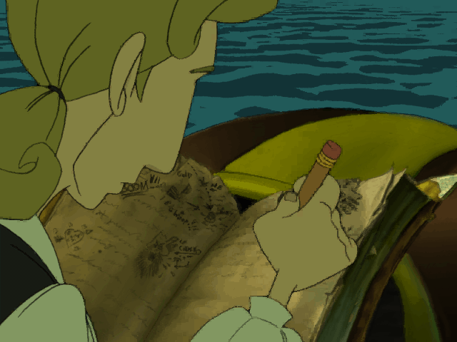 Close-up of Guybrush writing on his diary (MI3 game)