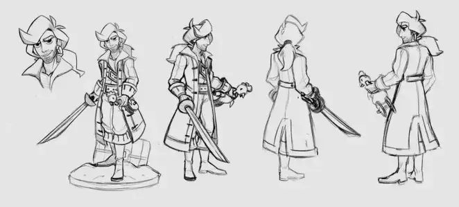 Pencil sketches of Guybrush Threepwood figurine concept art